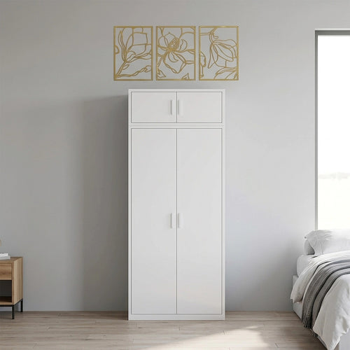 80x240cm 2-Door White Steel Hanging Wardrobe with White Handle Storage Cabinet