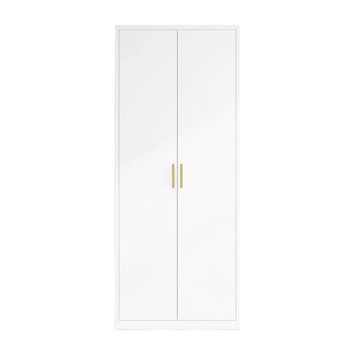 80x200cm 2-Door White Steel Hanging Wardrobe with Gold Handle Storage Cabinet