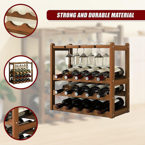 Bamboo Wine Rack Free Standing 15 Bottles with 6 Glasses Holder Storage in Dark Brown