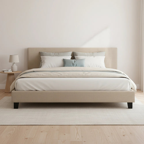 King Size Bed Frame with Headboard – Beige Linen Fabric
