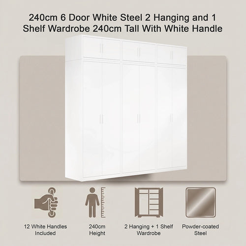 240x240cm 6-Door White Steel 2 Hanging and 1 Shelf Wardrobe with White Handle Storage Cabinet