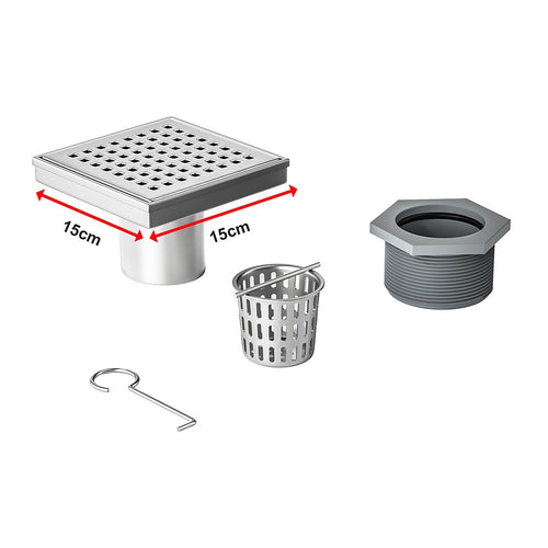 15 x 15cm Square Shower Drain with Grid Pattern Grate – Chrome Stainless Steel