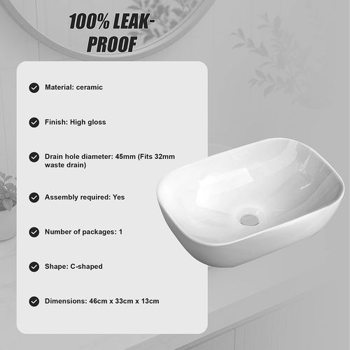 Ceramic Bathroom Basin – Vanity Sink Above Counter Top Mount Bowl for Modern Bathrooms