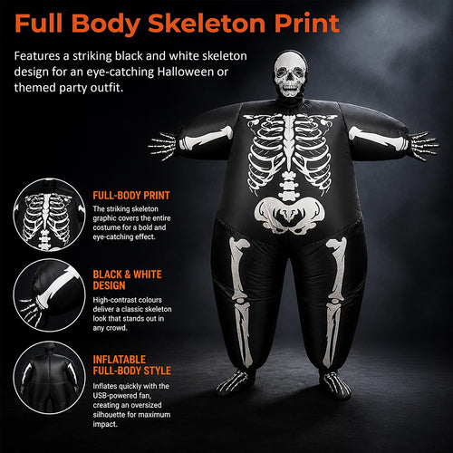 Adult Inflatable Skeleton Costume Halloween Blow Up Full Body Fancy Dress Suit