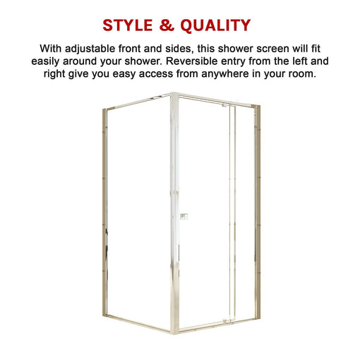 Adjustable Semi Frameless Shower Screen Front: (98~106)x195cm with Gold Hardware and Side: (98~101)x195cm
