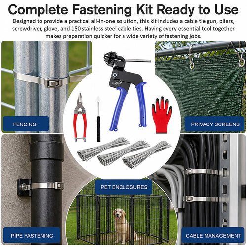 Cable Tie Gun Kit with 150 Stainless Steel Cable Ties & Tools