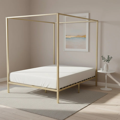 4-Poster Queen Bed Frame – Sturdy Gold Modern Canopy Bed for Bedroom