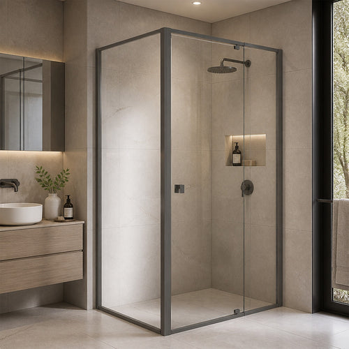 Semi-Frameless Shower Screen – Gunmetal, Front: (114~122)x195cm, Side: (77~80)x195cm