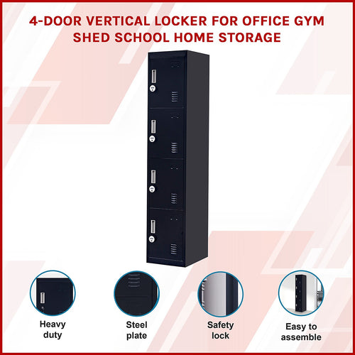 Black Locker with 4 Doors & Standard Lock with 2 Keys – Storage for Gym, School, or Workplace