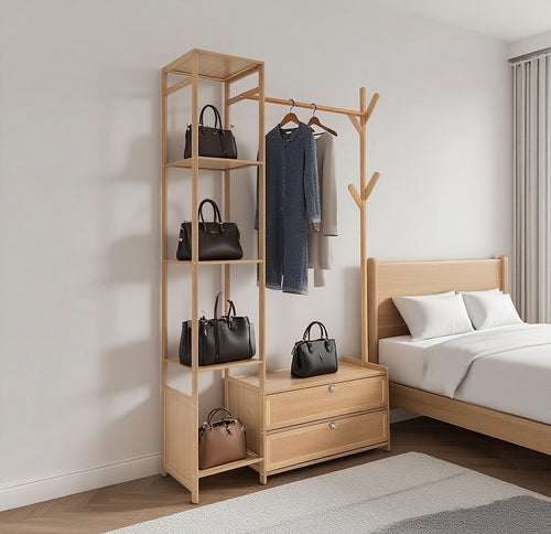 165x100cm Bamboo Clothes Rack Stand with Storage Shelves – Freestanding Garment Organiser in Wood