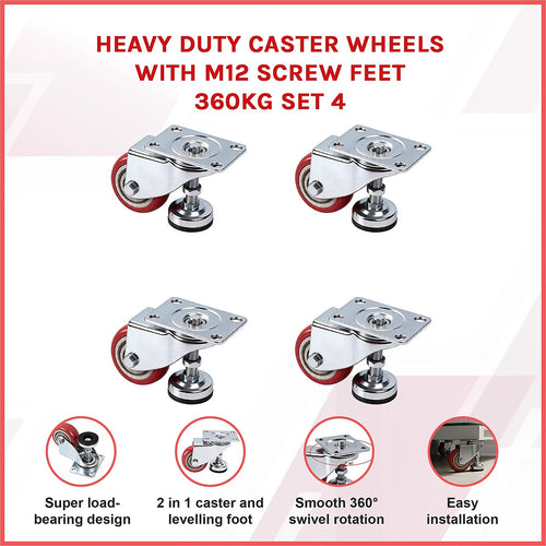 76mm Heavy Duty Swivel Caster Wheels with M12 Screw Feet – Set of 4