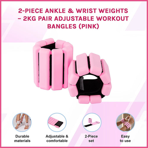 2-Piece Ankle & Wrist Weights – 1kg Pair Adjustable Workout Bangles Pink for Fitness Training