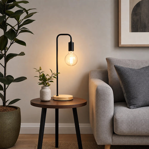 Modern Black Table Lamp Desk Light – Timber Base Bedside Lighting for Bedroom or Study