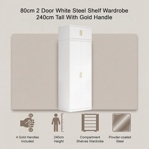80x240cm 2-Door White Steel Shelf Wardrobe with Gold Handle Storage Cabinet
