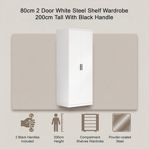 80x200cm 2-Door White Steel Shelf Wardrobe with Black Handle Storage Cabinet