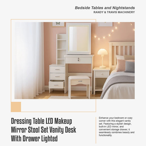Makeup Vanity Table with LED Lighted Mirror & Stool – Bedroom Dressing Table with Storage Drawers