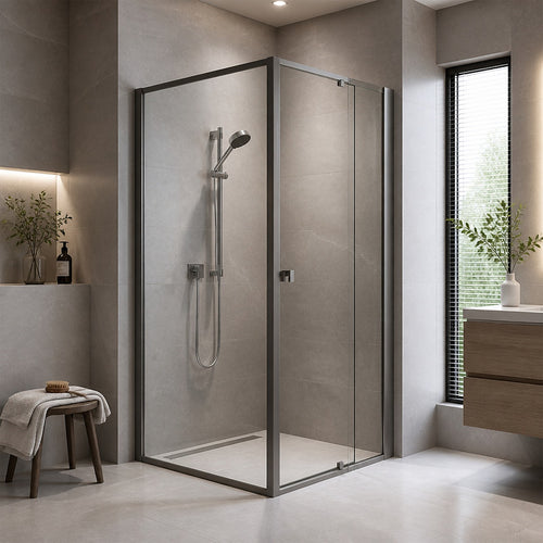 Semi-Frameless Shower Screen – Gunmetal, Front: (74~82)x195cm, Side: (98~101)x195cm