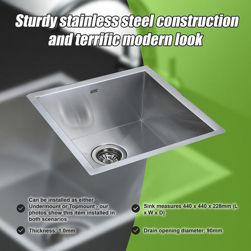 440x440mm Stainless Steel Handmade 1.0mm Sink with Waste in Stainless Steel Finish