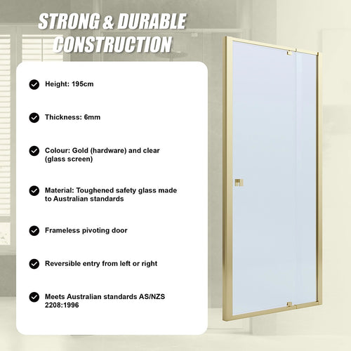 Adjustable Semi Frameless Shower Screen Front: (74~82)x195cm with Gold Hardware and No Side Return