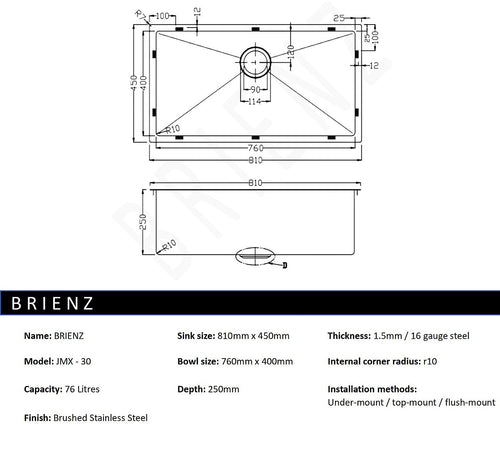 810x450mm Handmade 1.5mm Stainless Steel Sink – Undermount/Topmount with Waste & Stainless Steel with brushed finish Look