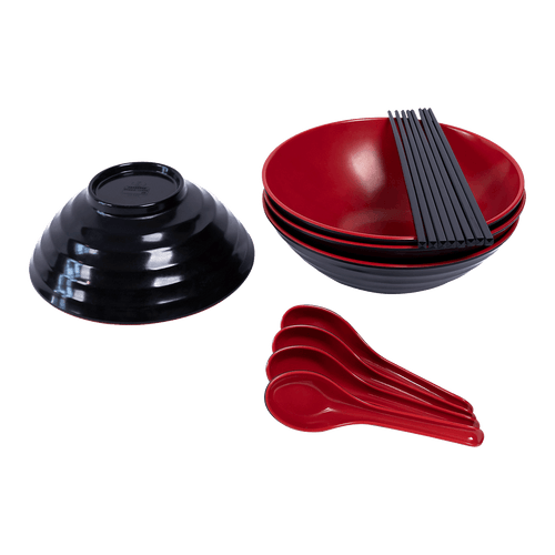 (12 Piece) Ramen Noodle Bowl with Spoon and Chopsticks Black Red