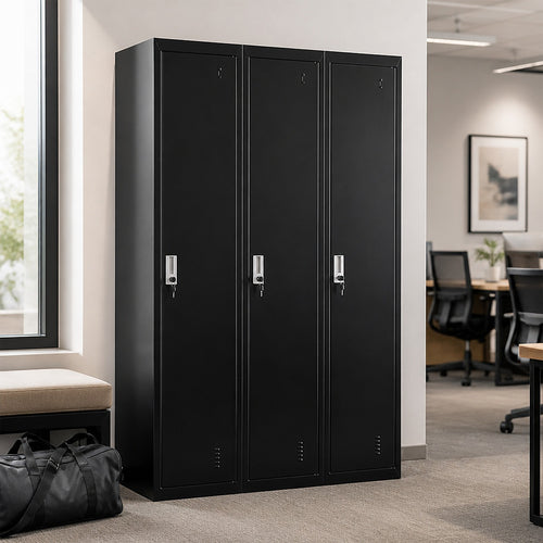 Three-Door Side by Side Storage Locker – Office, Gym & Shed Organisation Unit in Black