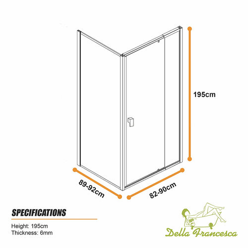 Semi-Frameless Shower Screen – Gunmetal, Front: (82~90)x195cm, Side: (89~92)x195cm