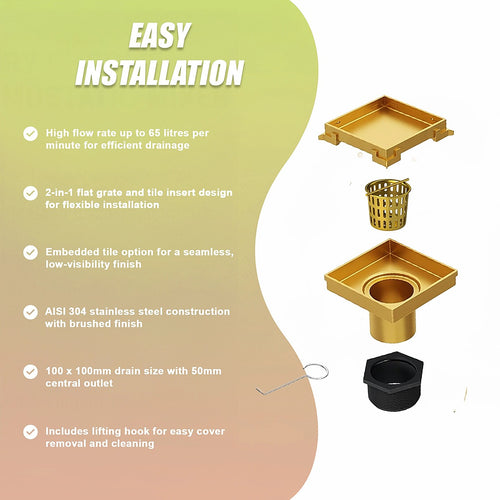 10 x 10cm Square Shower Drain with Tile Insert Grate – Gold Stainless Steel