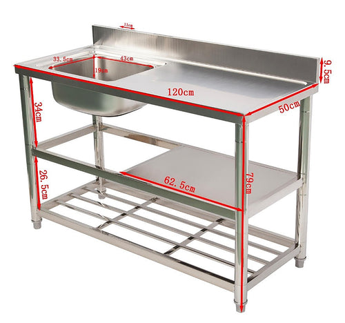 Freestanding Stainless Steel Kitchen Sink 120x50x79cm – Heavy-Duty Commercial Wash Basin