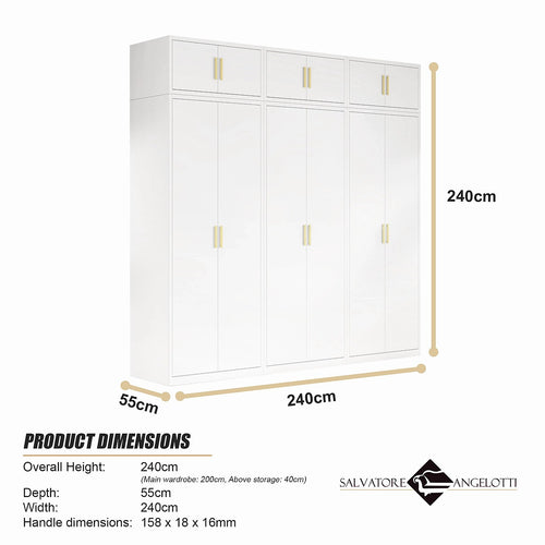 240x240cm 6-Door White Steel Shelf Wardrobe with Gold Handle Storage Cabinet