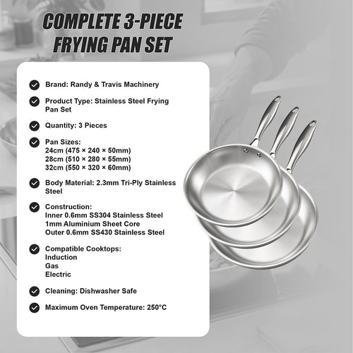 Tri Ply Stainless Steel Frying Pan Set 24 28 32cm Induction