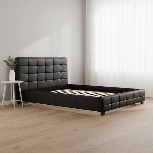 Queen Deluxe Black PU Leather Upholstered Bed Frame with Headboard & Slats