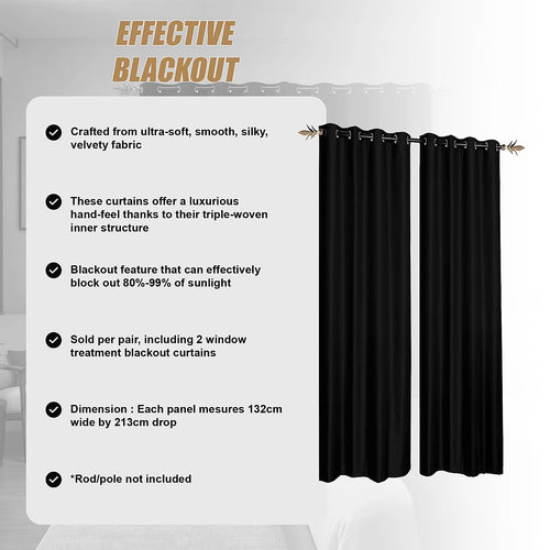 Black 2X Blockout Curtains – Blackout Window Draperies Pair with Eyelets for Bedroom 132x213cm