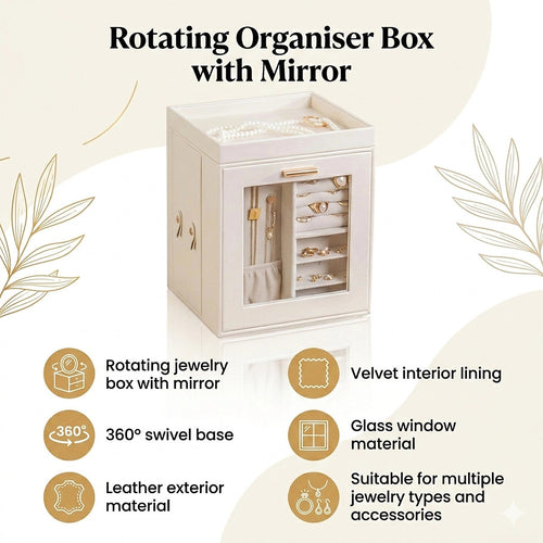 Rotating Jewellery Box with Mirror Storage Organiser for Dressing Table