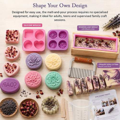 Deluxe DIY Soap Making Kit with Shea Butter & Glycerin Melt & Pour Soap Base, Moulds, Fragrance Oils & Colours