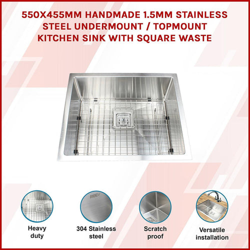 550x455mm Handmade 1.5mm Stainless Steel Sink with Square Waste