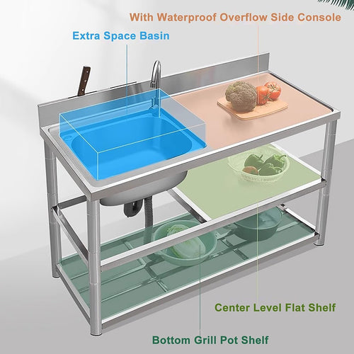 Freestanding Stainless Steel Kitchen Sink 120x50x80cm – Commercial Utility Wash Basin