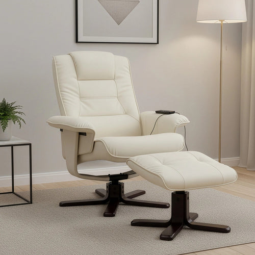 Massage Chair Recliner with Ottoman & Remote – Cream PU Leather Lounge for Home Relaxation