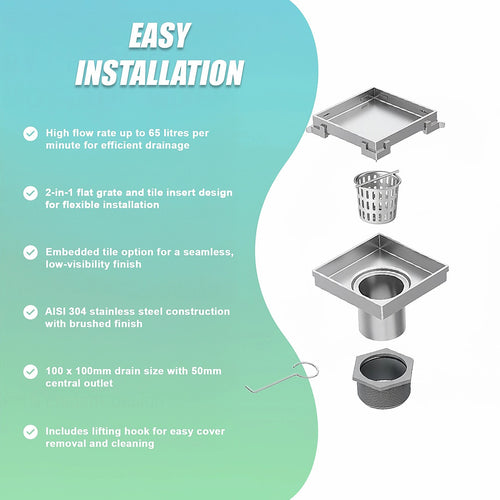 10 x 10cm Square Shower Drain with Tile Insert Grate – Chrome Stainless Steel