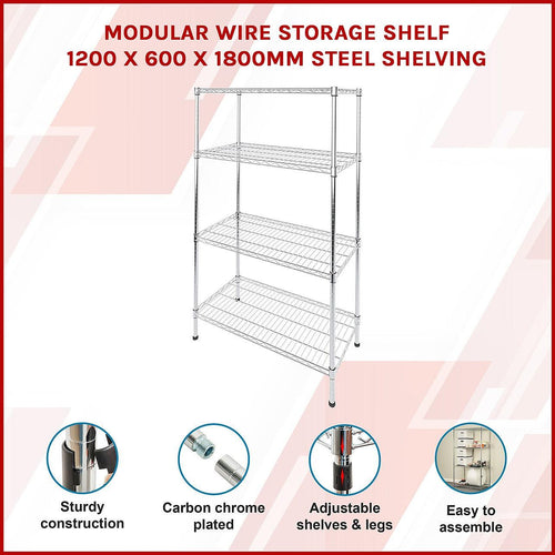 Modular Wire Storage Shelf 1200 x 600 x 1800mm Steel Shelving - Carbon Chrome Plated