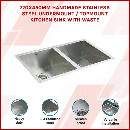 1.2mm Handmade Double Stainless Steel Sink with Waste - 770x450mm