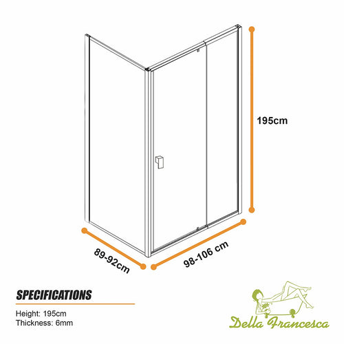 Semi-Frameless Shower Screen – Gunmetal, Front: (98~106)x195cm, Side: (89~92)x195cm