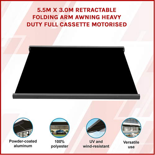 Heavy Duty Full Cassette Retractable Awning: Motorised 5.5x3m Black Sunshade