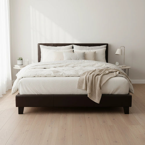 Queen Size Bed Frame with Headboard – Brown PU Leather