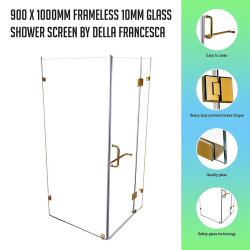 Frameless 10mm Glass Shower Screen 90 x 100cm GOLD Hinges/Brackets and ROUND Handle