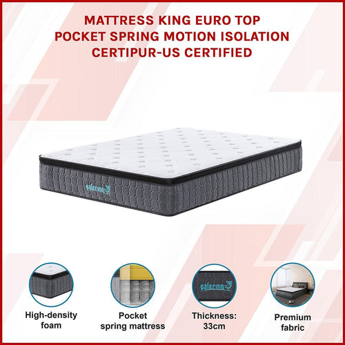 Mattress King Euro Top Pocket Spring Motion Isolation CertiPUR-US Certified