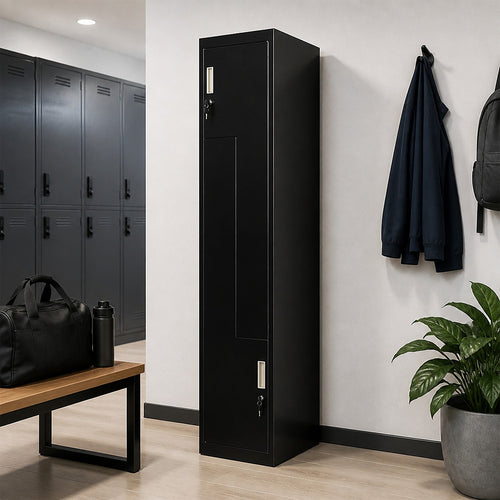 Metal Storage Locker with L-Shaped Doors – Black, Standard Lock with 2 Keys