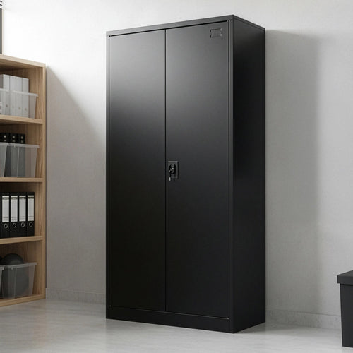 Double-Door Metal Cabinet with 4 Shelves – Office, Garage, or Home Storage in Black without Legs
