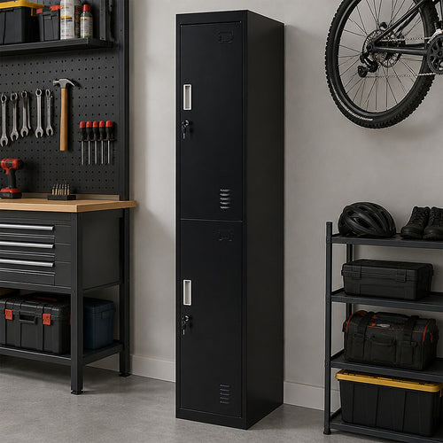 2-Door Metal Locker Cabinet in Black – Standard Lock with 2 Keys