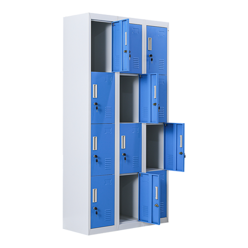12-Door Locker – Grey with Blue Door with Standard Lock with 2 Keys | Secure Storage for Office, Gym or School Use